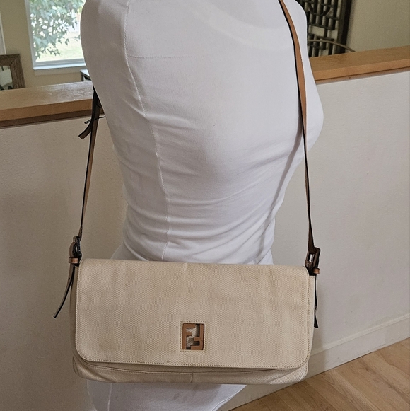 Authentic FENDI Natural Canvas Baguette Crossbody Bag With Leather Trim & Logo - Picture 1 of 10